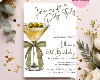 Dirty Thirty Birthday Invitation Martini, Editable 30th Birthday Party Invite, Olive Martini Cocktail Party Template, Digital Download