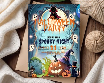 May include: A Halloween party invitation with a spooky theme. The design features a pumpkin, ghosts, bats, and a black cat. The text reads "Halloween Party" and "Join us for a Spooky Night" with the date October 31.
