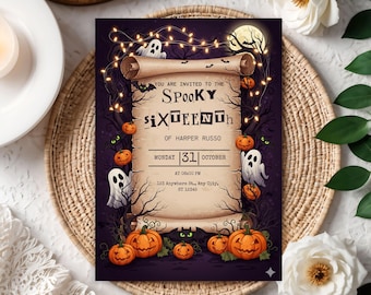 May include: A Halloween-themed invitation with the text "Spooky Sixteenth" on a scroll. The design features pumpkins, ghosts, a full moon, and string lights against a dark purple background. The invitation includes the date, time, and location.