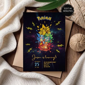 May include: A black invitation card featuring the Pokémon logo and characters. The card includes the text "Jason is turning 5" and event details. Yellow lightning bolt graphics and a colorful galaxy background complete the design.