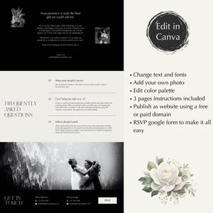 May include: A wedding invitation template with a black and white theme. The design includes text, a photo of a couple, and floral elements. The template is customizable in Canva, allowing users to change text, fonts, and photos.