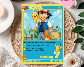 Pokeman Birthday Invitation, Pikachu Party Invite, Editable Printable Template, Kids Cartoon Theme Digital Download, Birthday Card
