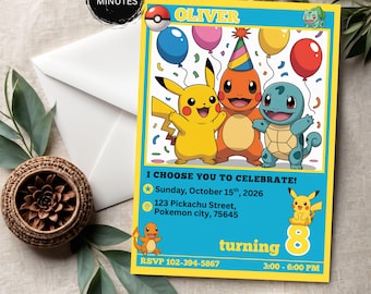 Pokeman Birthday Invitation, Editable Pikachu Party Invite, Printable Template, Kids Cartoon Theme Digital Download, Birthday Card