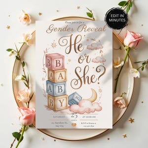 Pode incluir: Um convite de revelação de género com o texto "He or She?" apresenta blocos de bebé empilhados e ilustrações de nuvens. O convite inclui detalhes do evento e é rodeado por flores e elementos decorativos.