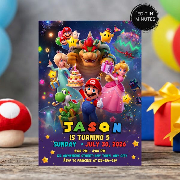 Super Mario Galaxy Birthday Invitation for Boys, Outer Space Party Invite for Boys, Editable Mario Digital Canva Template