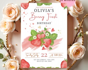 May include: A birthday invitation with a strawberry theme. The invitation features the text "Olivia's Berry First Birthday" with watercolor strawberries and leaves. The date is July 22 at 5:00 PM. The invitation is surrounded by roses.