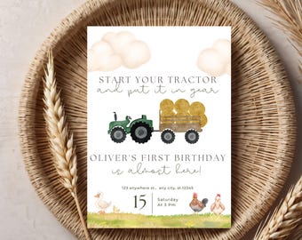 Editable Tractor Birthday Invitation Animals Farm Theme Digital Template Printable First Birthday Party Invite Rustic Barnyard Boy Card