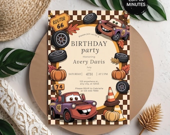 Cars Birthday Invitation, Lightning McQueen Kids Party Card, Editable Personalized Canva Printable Digital Invitation