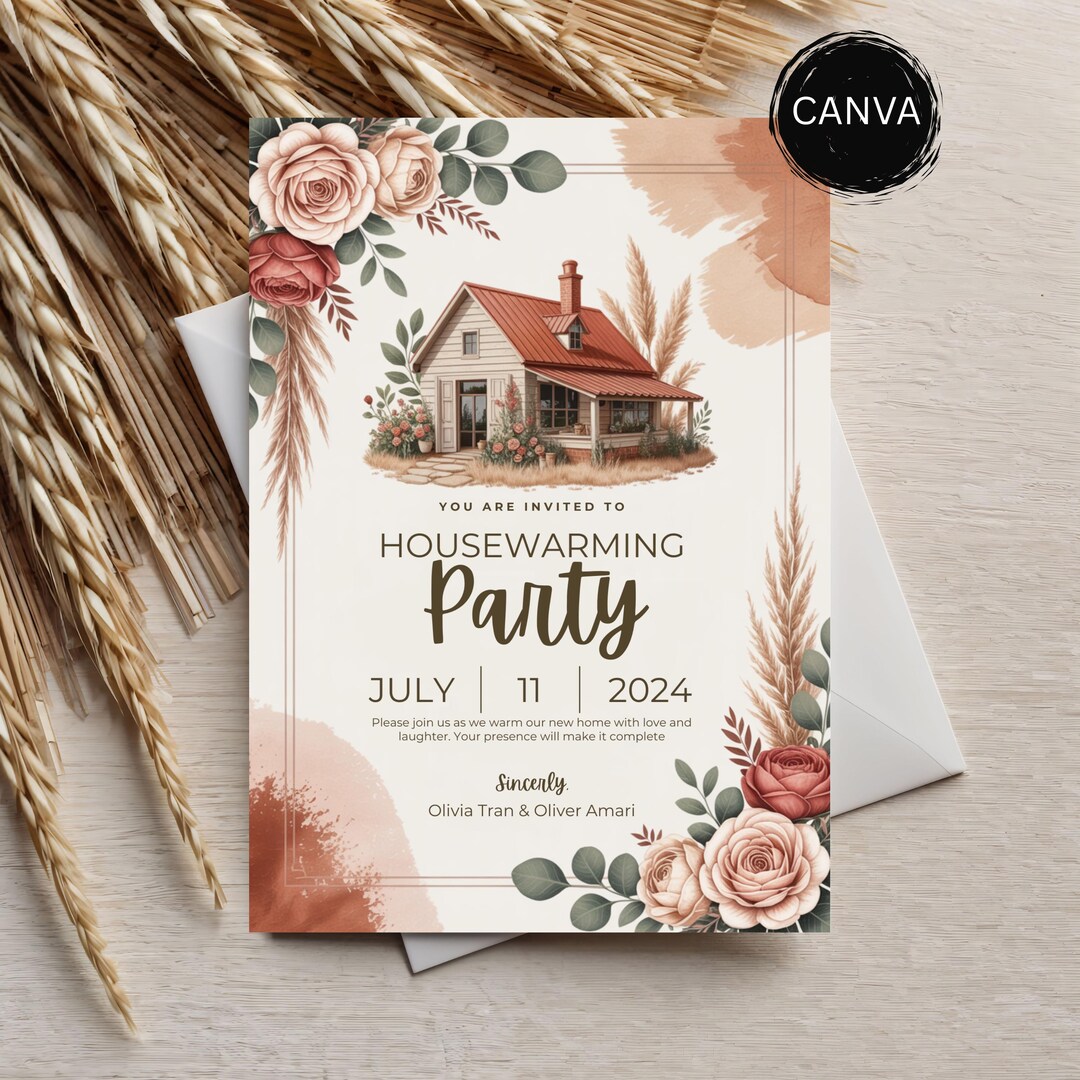 Editable Housewarming Party Invitation, Minimalist Floral Design ...