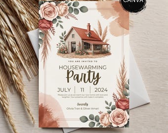 Editable Housewarming Party Invitation, Minimalist Floral Design (Digital Template)