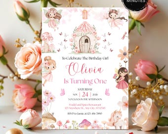 Fairy 1st Birthday Invitation, Enchanted Whimsical Design (Digital Download)