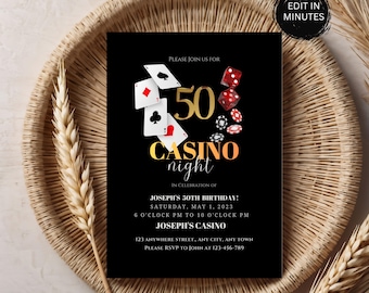 Op de afbeelding: Zwarte casino-nacht uitnodiging met speelkaarten, dobbelstenen en pokerchips. De uitnodiging luidt "50 Casino Night" in gouden letters, ter viering van Joseph's 30e verjaardag. Bevat evenementdetails en RSVP-informatie.