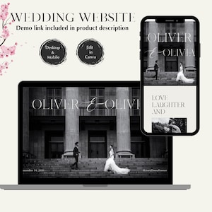 May include: A wedding website design displayed on a laptop and smartphone. The website features a black and white photo of a couple and the names "Oliver & Olivia." Text includes "Wedding Website," "Desktop & Mobile," and "Edit in Canva."