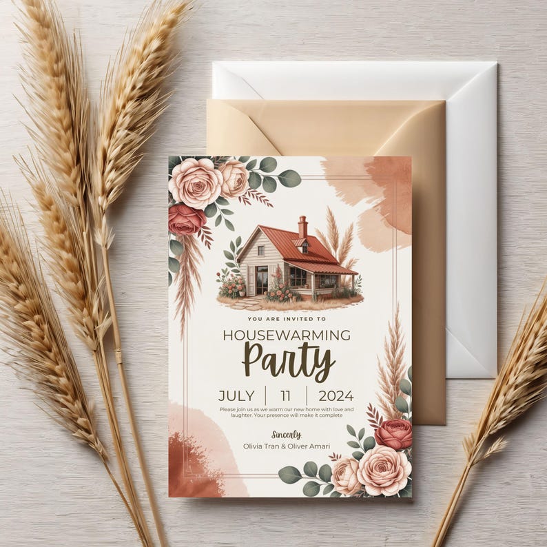 Editable Housewarming Party Invitation, Minimalist Floral Design ...