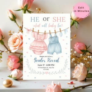 Pink Blue Baby Clothes Gender Reveal Invitation He or She Clothesline Template Editable Gender Reveal Invite Digital Download Baby Invite