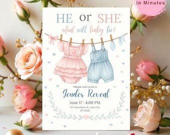 Pink Blue Baby Clothes Gender Reveal Invitation He or She Clothesline Template Editable Gender Reveal Invite Digital Download Baby Invite