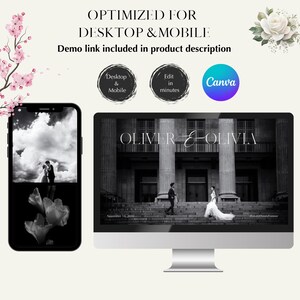 May include: A smartphone and computer screen display a wedding invitation design. The computer screen shows a black and white photo of a couple, with the names "Oliver & Olivia" above. The text "Optimized for Desktop & Mobile" is also visible.
