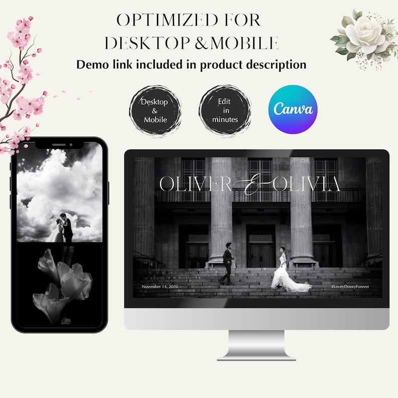 May include: A smartphone and computer screen display a wedding invitation design. The computer screen shows a black and white photo of a couple, with the names "Oliver & Olivia" above. The text "Optimized for Desktop & Mobile" is also visible.