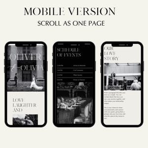 May include: Three smartphones displaying wedding website mockups. The first shows the names "Oliver & Olivia" and wedding date. The second displays a schedule of events. The third shows a "Love Story" section with text.