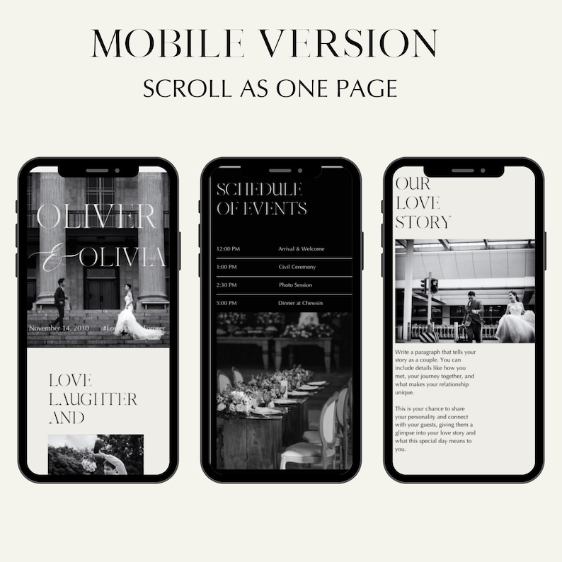 May include: Three smartphones displaying wedding website mockups. The first shows the names "Oliver & Olivia" and wedding date. The second displays a schedule of events. The third shows a "Love Story" section with text.