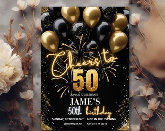 50th Birthday Invitation for Him, 50th Invite Template Evite, Black and Gold Birthday Party Invitation for Men, Editable Canva Template