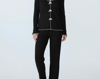 Zwarte comfortabele katoenen pyjama voor dames, pyjama met lange mouwen, set bruidsmeisjes