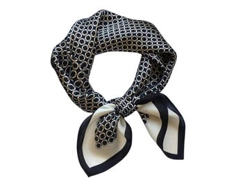 Elegant Black And White Geometric Silk Scarf, Luxury Square Neck Accessories, Satin Square Scarf, Summer Neckerchief, Gift For Her, Womens