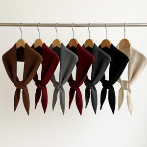 Könnte beinhalten: Eine Kollektion von sieben Strickschals in verschiedenen Farben, darunter Braun, Burgunderrot, Grau, Schwarz und Beige, die an einer Metallstange hängen. Jeder Schal ist vorne geknotet und zeigt ein schlichtes, aber elegantes Design.