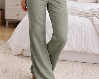 カーキリネンコットンパンツ、リネンロングパンツ、ワイドレッグパンツ、フルレングスパンツ、ルーズマキシパンツ、秋春、リネンパンツ、彼女へのギフト