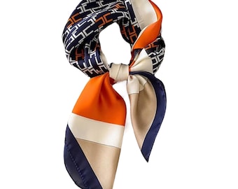 Eleganter Seidenschal, Luxuriöser quadratischer Halsschmuck, quadratischer Satinschal, Halstuch, Seidenhaarschal, dunkelblau und orange