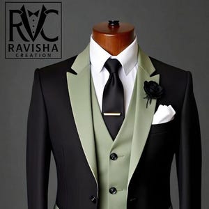 Luksusowy, trzyczęściowy garnitur męski w kolorze czarno-szałwiowej zieleni: na imprezę, wesele, bal maturalny, do biura