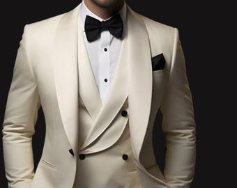 Mens Off White Wool Tuxedo:  Double Breasted Groom Suit Slim Fit