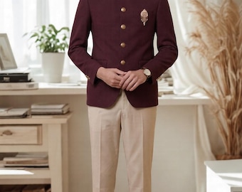 Kastanienbrauner indischer Hochzeits-Jodhpuri-Anzug für Herren, Bandhgala-Mantel, einfarbiges Designer-Outfit, Partykleidungsanzug