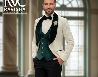 Esmoquin premium para hombre color marfil y verde esmeralda, esmoquin negro con solapa de chal para novio, traje de graduación de lujo, traje formal a medida, traje de boda de 3 piezas,