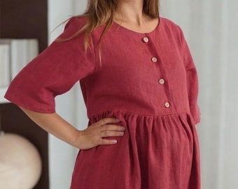 Vestido de lino color melocotón para la lactancia, vestido de lino para embarazadas, vestido de lino estilo boho para la lactancia. Vestido de maternidad holgado de lino, vestido largo para embarazadas.