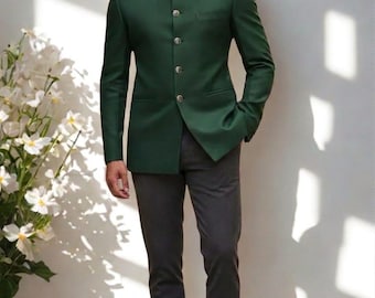 Indian Green Handmade Wedding Jodhpuri Suit, Solid red Designer Outfit,Men's Bandhgala Coat, Green Outfit