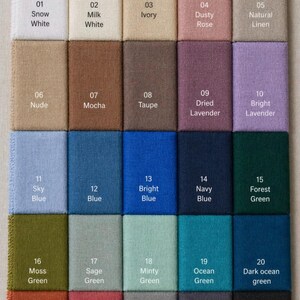 May include: A color palette chart featuring twenty-five rectangular fabric swatches arranged in a grid. Each swatch is labeled with a number from 01 to 25 and a corresponding color name, including Snow White, Milk White, Ivory, Dusty Rose, Natural Linen, Nude, Mocha, Taupe, Dried Lavender, Bright Lavender, Sky Blue, Blue, Bright Blue, Navy Blue, Forest Green, Moss Green, Sage Green, Minty Green, Ocean Green, Dark Ocean Green, Terracotta, Dusty Red, Grey, Charcoal, and Black.