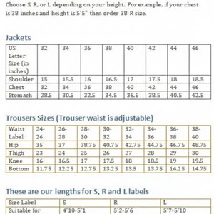 May include: A size chart for NS FASHION clothing, with measurements in inches. The chart includes jacket and trouser sizes, as well as lengths for S, R, and L labels. The text provides instructions on how to measure and select the correct size.