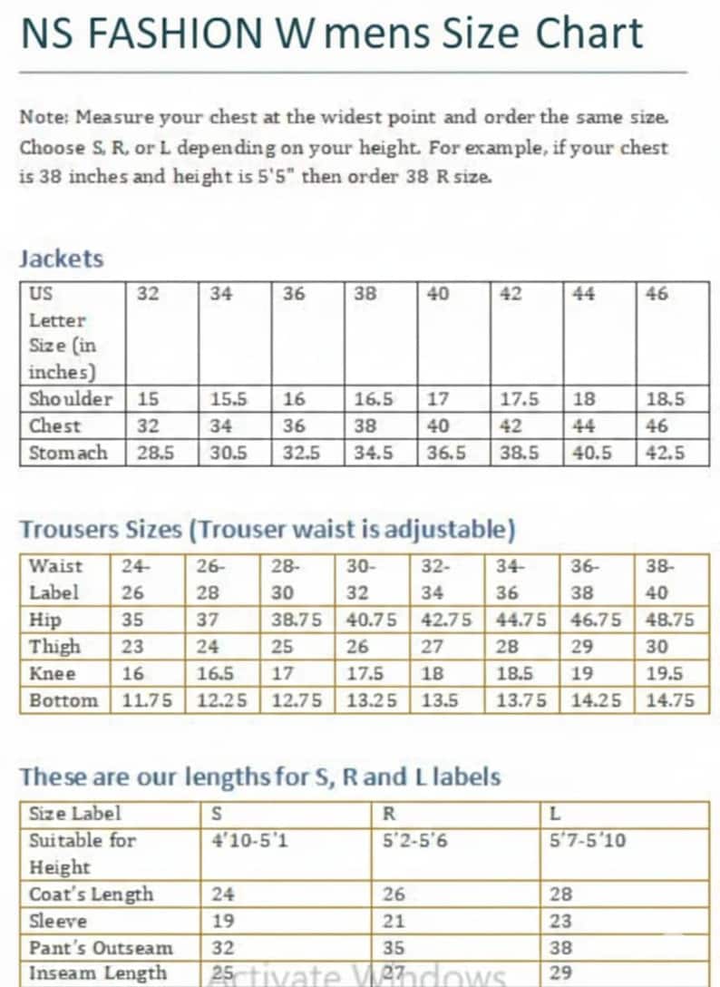 May include: A size chart for NS FASHION clothing, with measurements in inches. The chart includes jacket and trouser sizes, as well as lengths for S, R, and L labels. The text provides instructions on how to measure and select the correct size.