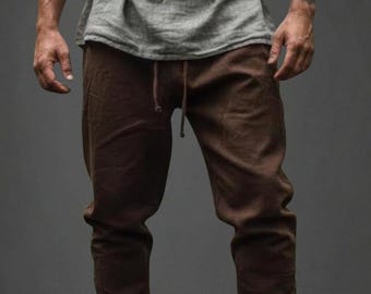Designer Men’s Viking Trousers,Medieval Pirate Pants for Renaissance Faire,Adjustable Waist Leg Ties,Steampunk Cotton Linen Historical Pants
