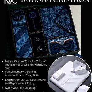 May include: A gift set featuring a white dress shirt and matching blue accessories. The set includes a bow tie, tie, pocket square, cufflinks, and a pen. The accessories have a paisley pattern. The text on the image says "RAVISHA CREATION".