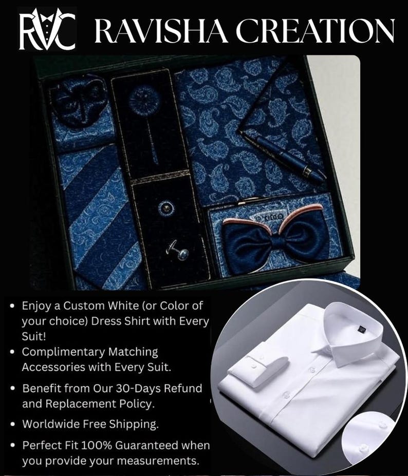 May include: A gift set featuring a white dress shirt and matching blue accessories. The set includes a bow tie, tie, pocket square, cufflinks, and a pen. The accessories have a paisley pattern. The text on the image says "RAVISHA CREATION".