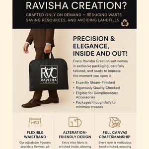 May include: An advertisement for Ravisha Creation suits. The image features a person holding a black garment bag with the Ravisha Creation logo. Text highlights features like flexible waistbands, alteration-friendly design, and full canvas craftsmanship.