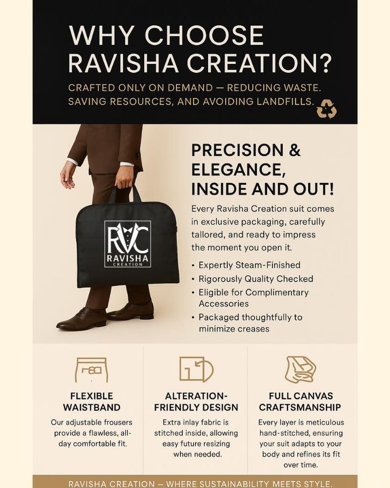 May include: An advertisement for Ravisha Creation suits. The image features a person holding a black garment bag with the Ravisha Creation logo. Text highlights features like flexible waistbands, alteration-friendly design, and full canvas craftsmanship.