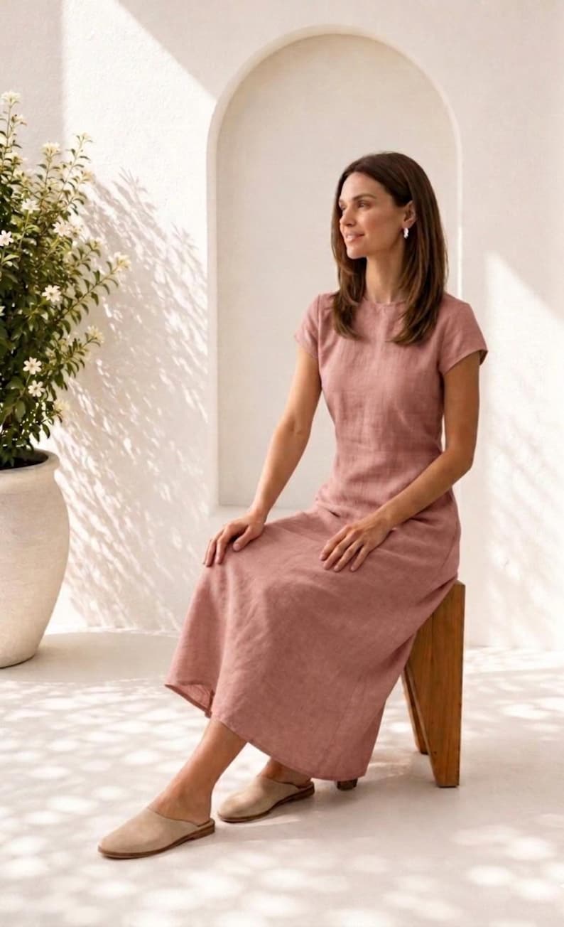 May include: A dusty rose midi-length dress with short sleeves, a round neckline, and a fitted bodice that flows into a relaxed skirt. The garment is made of a textured fabric and is paired with light beige slip-on shoes with a flat sole.