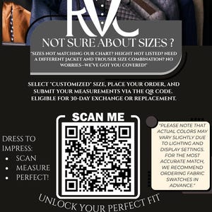 May include: A promotional graphic with the text "RVC" and "NOT SURE ABOUT SIZES?" A QR code is featured with the words "SCAN ME" and "UNLOCK YOUR PERFECT FIT." The graphic also includes instructions for customized sizing and a 30-day exchange policy.