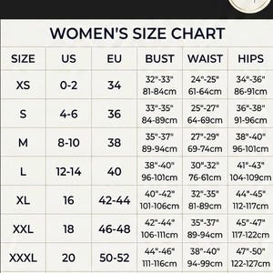 May include: A white size chart titled WOMEN'S SIZE CHART with a Ravisha Creation logo. It lists sizes XS through 4XL with corresponding US and EU sizes, and bust, waist, and hip measurements in inches and centimeters for each size category.
