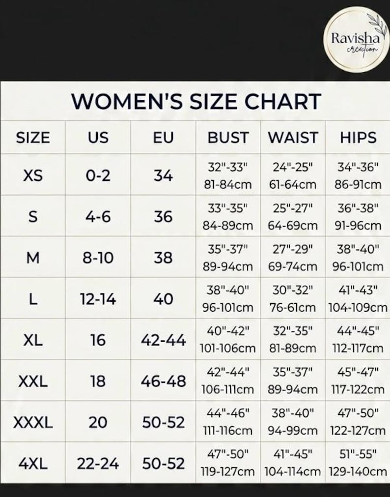 May include: A white size chart titled WOMEN'S SIZE CHART with a Ravisha Creation logo. It lists sizes XS through 4XL with corresponding US and EU sizes, and bust, waist, and hip measurements in inches and centimeters for each size category.