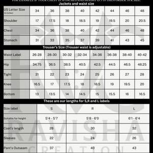 May include: A detailed size chart for jackets and trousers, including measurements for chest, shoulder, stomach, waist, hip, tight, knee, and bottom. The chart also includes size labels and suitable heights, with measurements in inches.