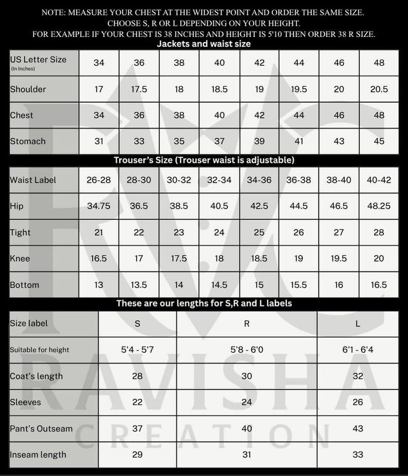 May include: A detailed size chart for jackets and trousers, including measurements for chest, shoulder, stomach, waist, hip, tight, knee, and bottom. The chart also includes size labels and suitable heights, with measurements in inches.
